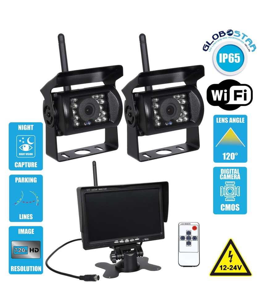 GloboStar® 86031 2 x WiFi Έγχρωμες Κάμερες 720p CMOS HD Οπισθοπορείας Αυτοκινήτου-Φορτηγού DC 12-24V 170° με Οθόνη 7" DC 12-24V Night Capture με Parking Lines και Ασύρματο Χειριστήριο Αδιάβροχη IP65